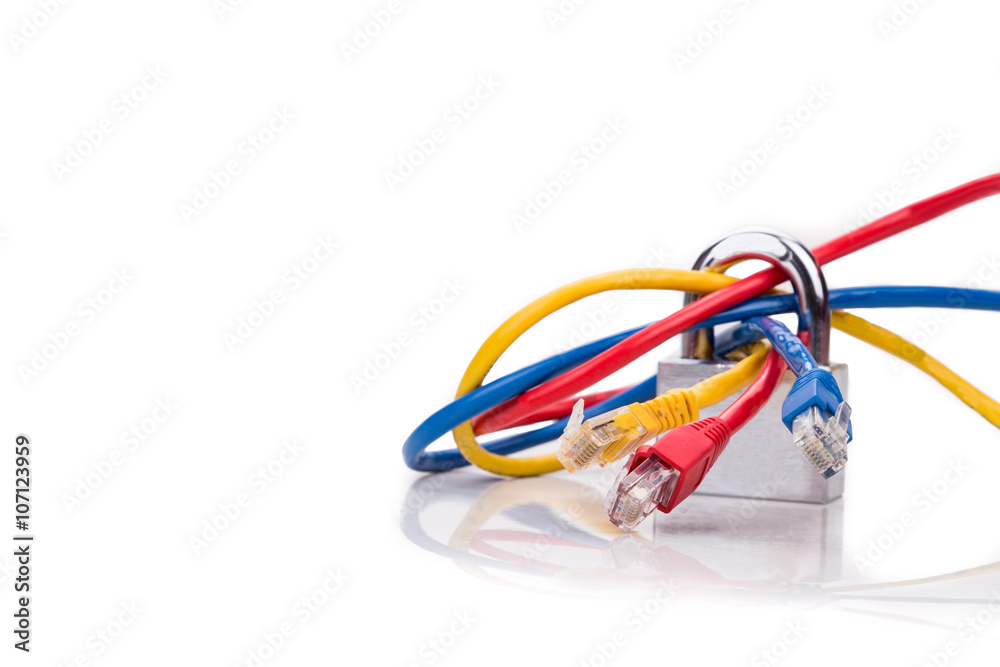 Concept of network security with padlock over multiple network cables Concept of network security with padlock over multiple network cables