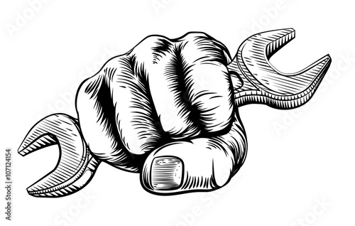 Spanner Woodcut Fist Hand