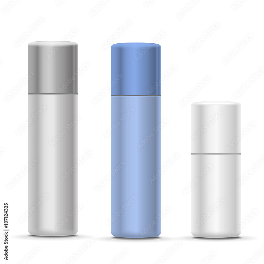 White and silver Bottles of aerosol spray, metal bottle for cosmetic, perfume or hairspray. Deodorant packing White and silver Bottles of aerosol spray, metal bottle for cosmetic, perfume or hairspray. Deodorant packing