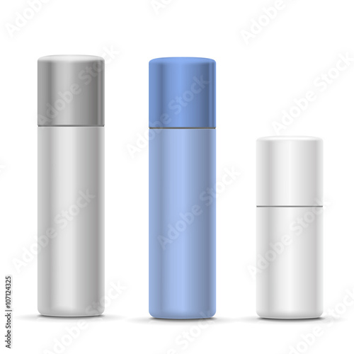 White and silver Bottles of aerosol spray, metal bottle for cosmetic, perfume or hairspray. Deodorant packing 