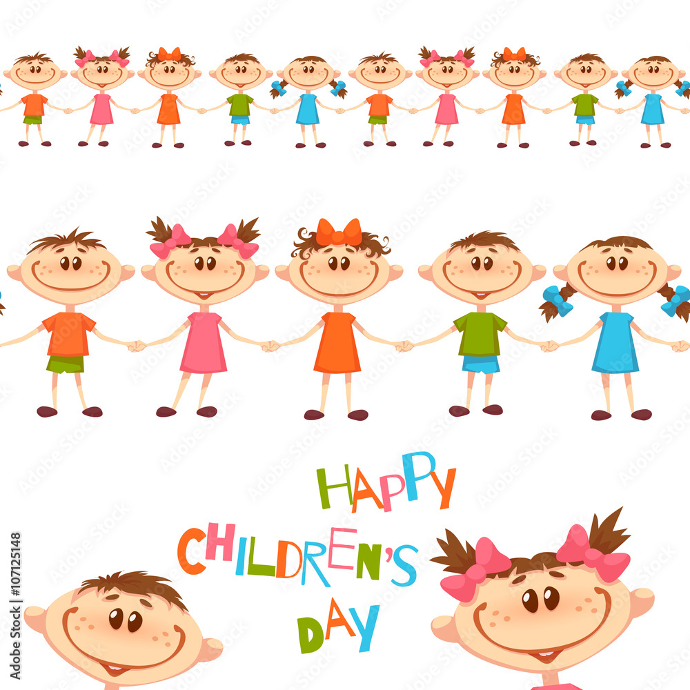 Seamless pattern with cute childrens. Happy Childrens Day title. Vector illustration.