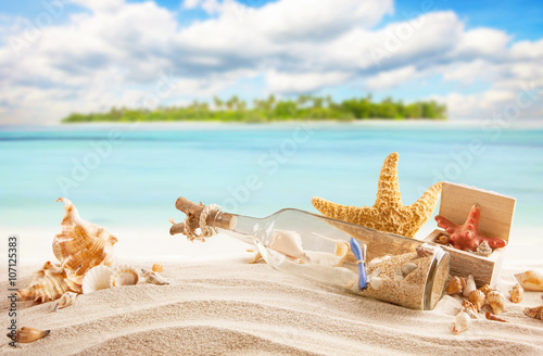 Fototapeta Naklejka Na Ścianę i Meble -  Sandy tropical beach with island on background