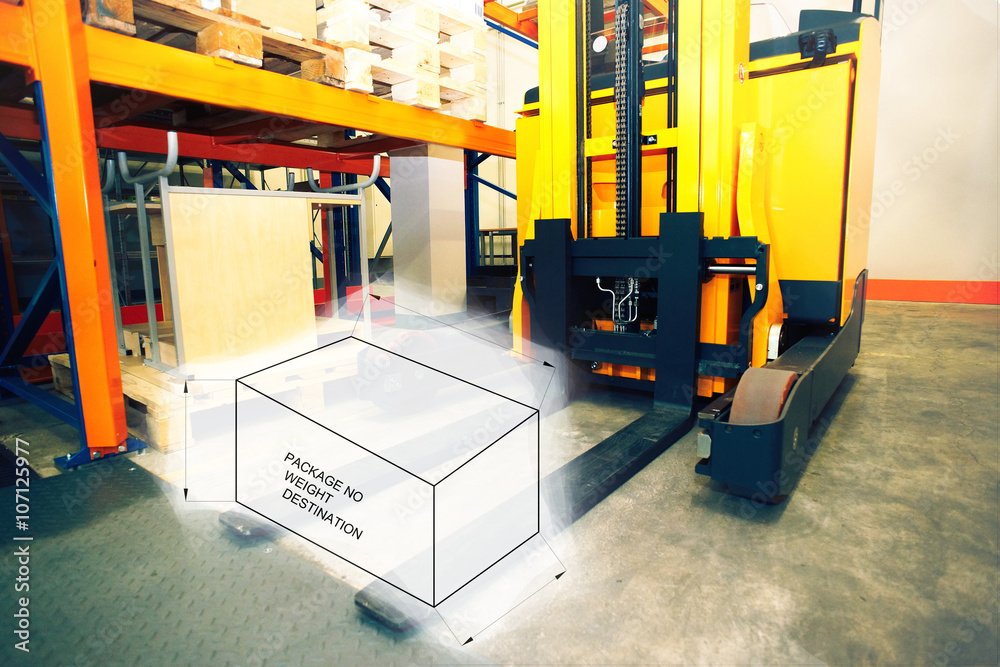 Drawing of package box combined with picture of forklift at ware