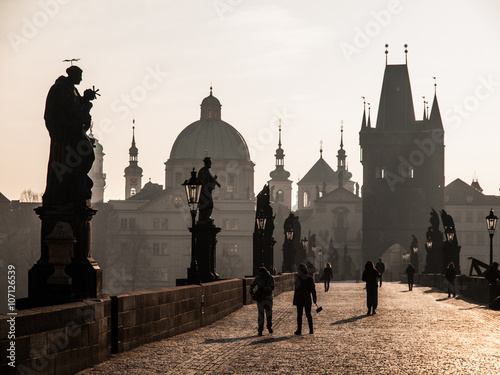 Sunny morning on Charles Bridge in Prague