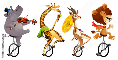 Funny wild animals on unicycles