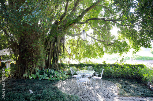 White wrought iron chair and table in garden in the morning