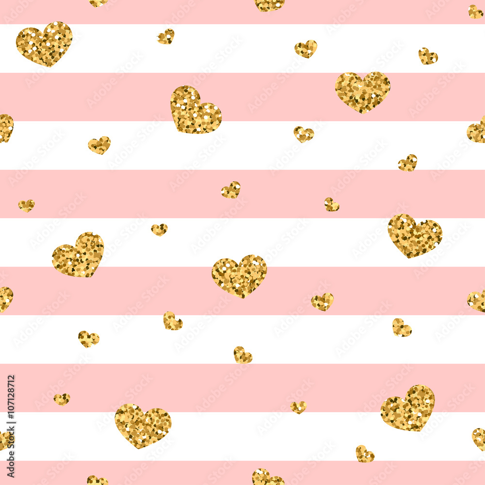 Glitter Gold And Watercolor Pink Hearts Seamless Pattern