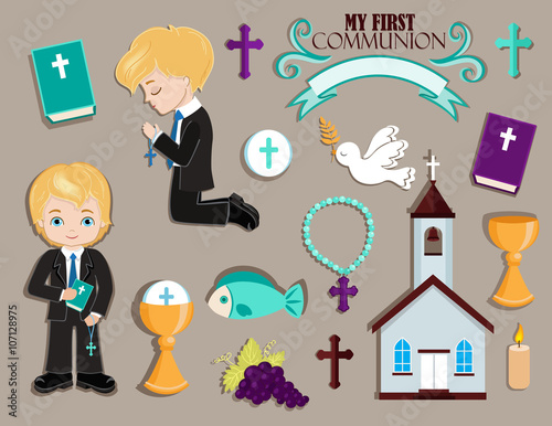 Set of design elements for First Communion for girls.