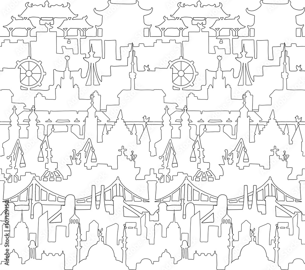 Skylines seamless pattern. Town. Doodle. Vector.