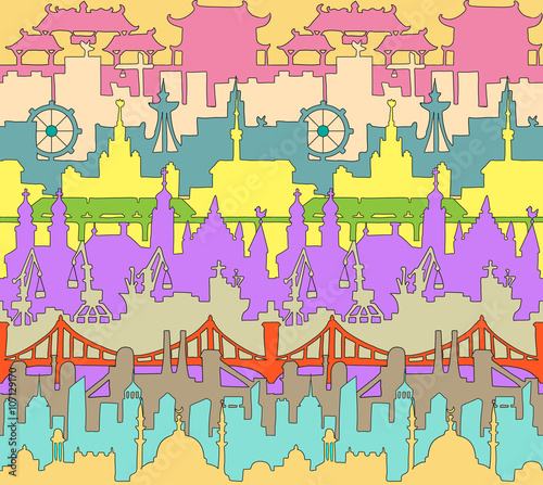 Skylines seamless pattern. Town. Doodle. Vector.