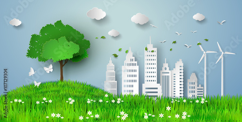 Eco Green City with Tree and Skyscrapers