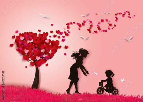 Mother and Child Love in Heart Tree