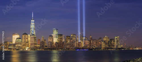 Photography 911 Memorial light and New York City skyline