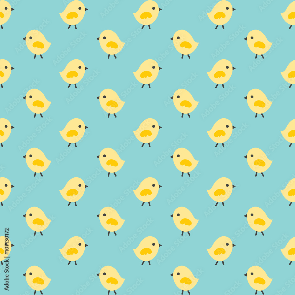 Seamless Spring or Easter background pattern with cute little chickens in yellow and aqua blue. For cards, tags, textiles, wallpapers, gift wrapping paper.