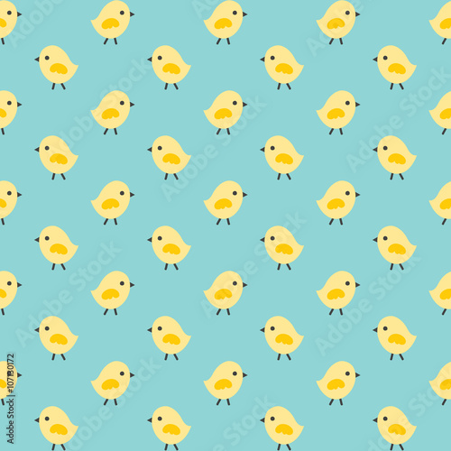 Seamless Spring or Easter background pattern with cute little chickens in yellow and aqua blue. For cards, tags, textiles, wallpapers, gift wrapping paper.