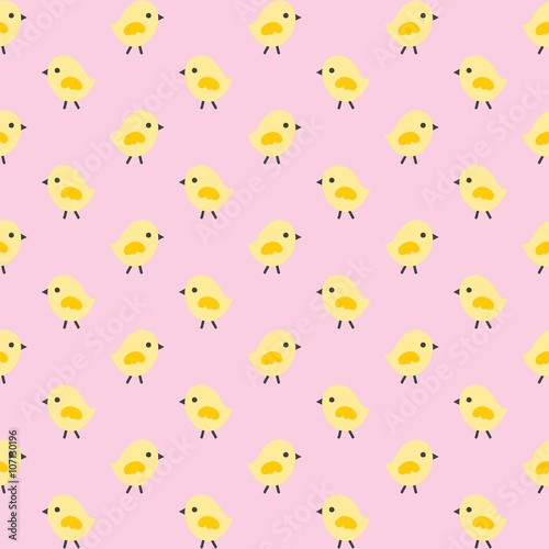 Seamless Spring or Easter background pattern with cute little chickens in yellow and pink. For cards, tags, textiles, wallpapers, gift wrapping paper.