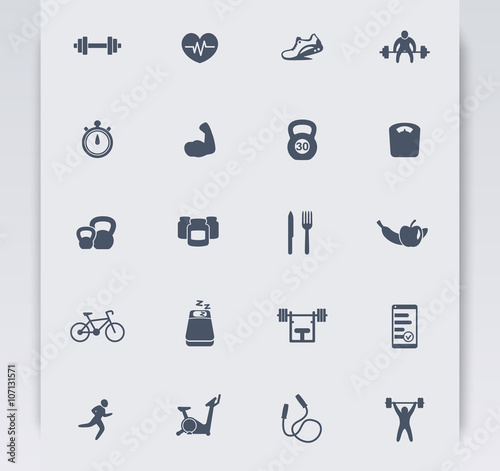 20 fitness icons, active lifestyle, fitness vector icons, gym, sport, workout, training icons, fitness pictograms, vector illustration