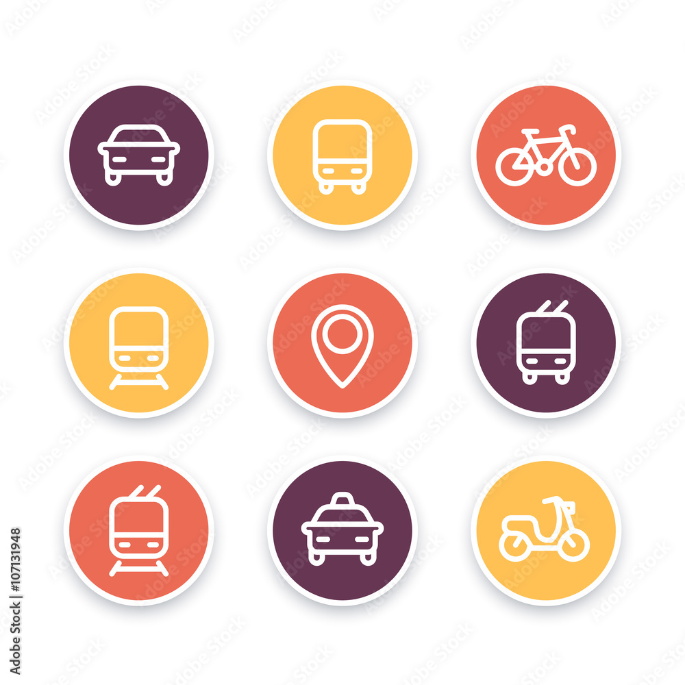 City and public transport icons, public transportation vector icons, bus, subway, taxi, public transport pictograms, round thick line icons, vector illustration