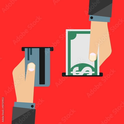 Hand Withdrawing Money (Dollar Bill) From Bank Account With Credit Card - Banking Flat Vector Design