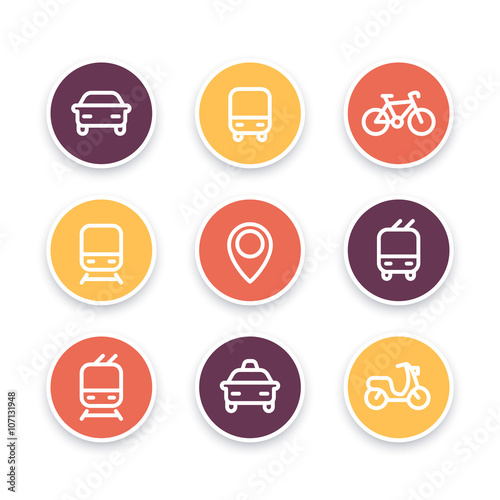 City and public transport icons, public transportation vector icons, bus, subway, taxi, public transport pictograms, round thick line icons, vector illustration