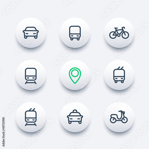 City and public transport round modern icons, public transportation vector icons, bus, subway, taxi, public transport pictograms, thick line icons set, vector illustration