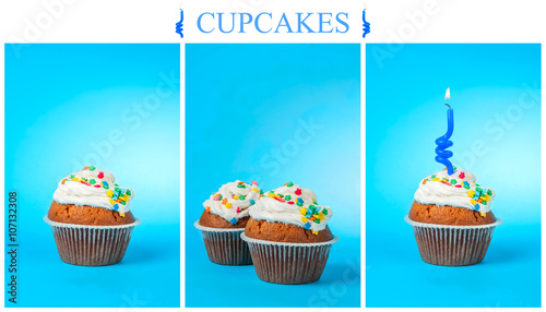 Set of cupcakes on blue background