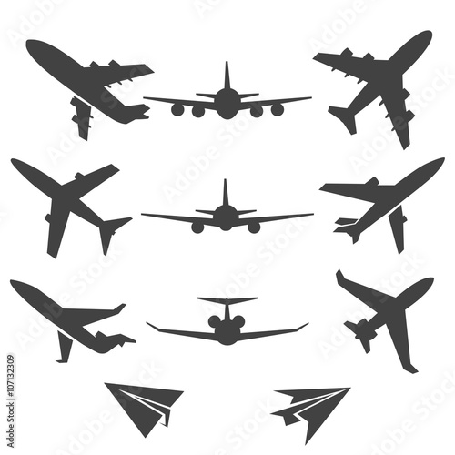 Plane icons. Black plane pictograms on white background. Vector illustration 