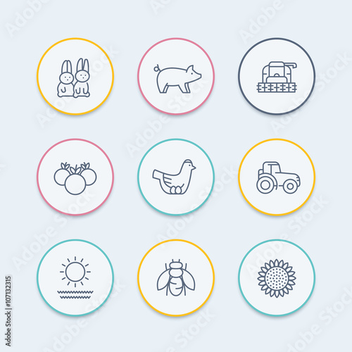Farm, ranch line icons, tractor, harvester, hen, pig, rabbits, crop, round icons set, vector illustration