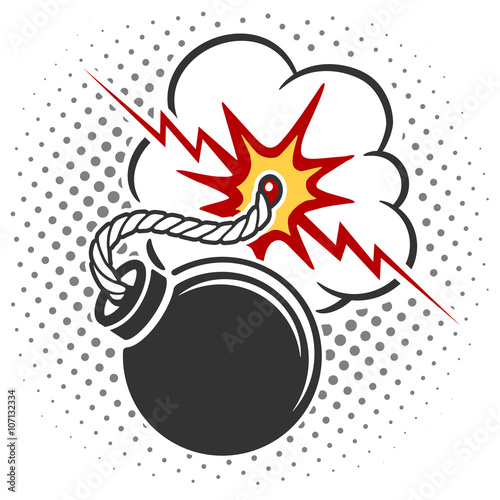 Bomb icon with burning wick. Pop art style bomb cartoon explosion. Vector illustration