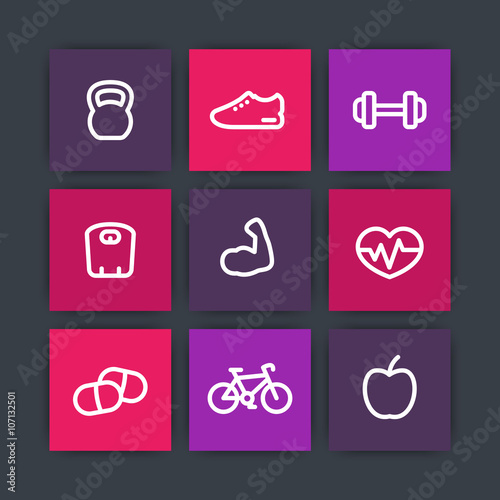 Fitness thick line icons, healthy lifestyle square icons, training, workout, biceps linear icon, vector illustration
