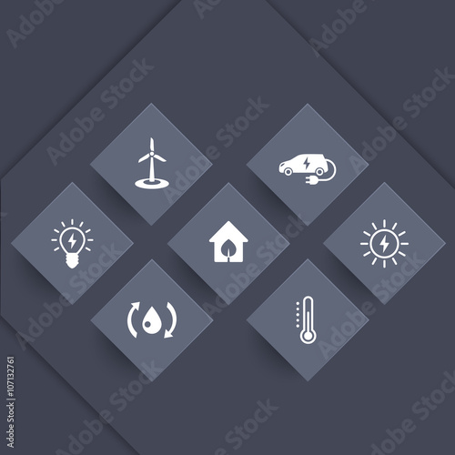 Green ecologic house icons, modern, ecofriendly, energy saving technologies, icons on geometric shapes, vector illustration