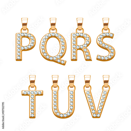 Golden letters with diamonds abc pendants set. Vector illustration.