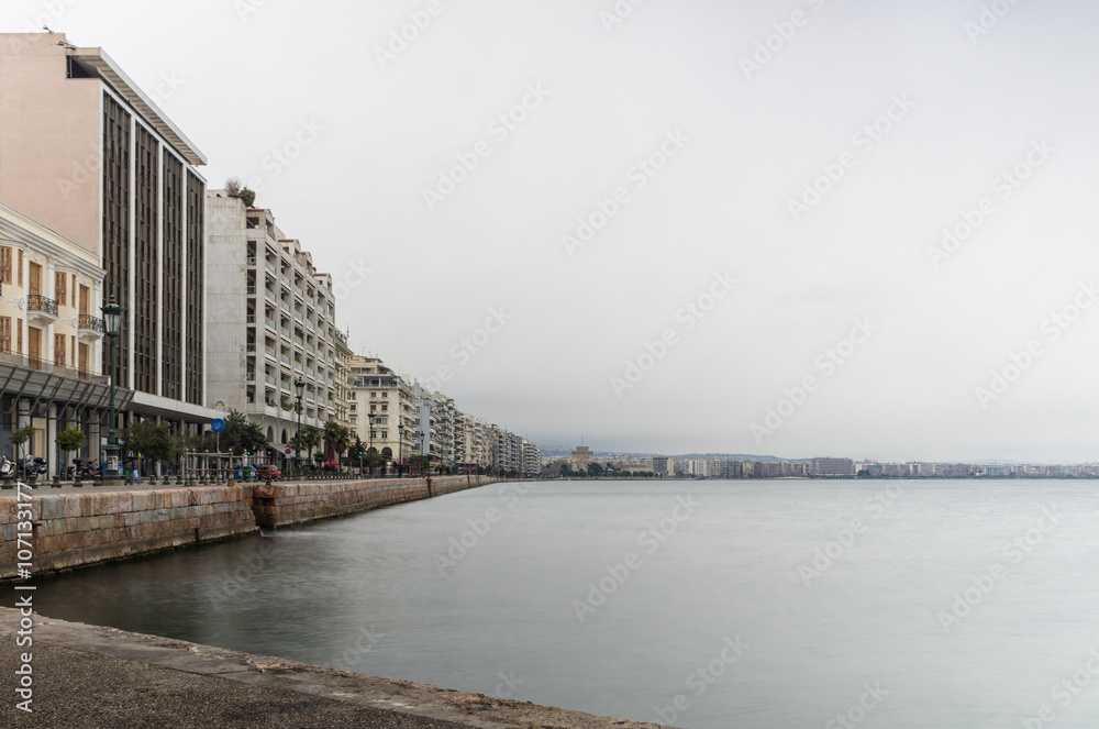 The waterfront of Thessaloniki, Greece, under a cloudy sky