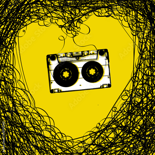 Concept illustration. Retro music background. Heart from tape an