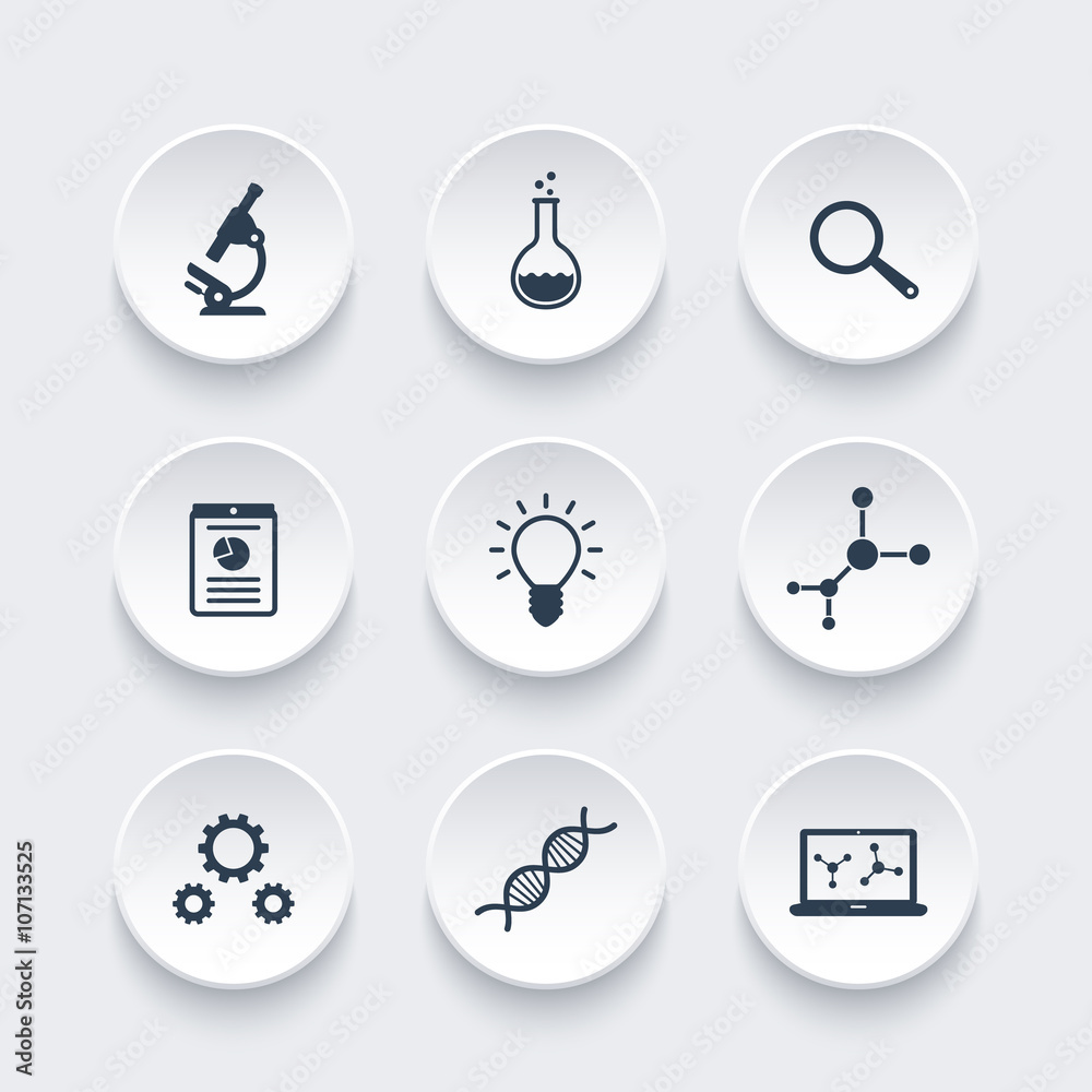 Science icons, research, laboratory, microscope, dna chain, science