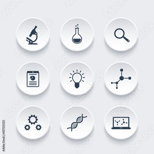 Science icons, research, laboratory, microscope, dna chain, science pictograms, modern round icons set, vector illustration