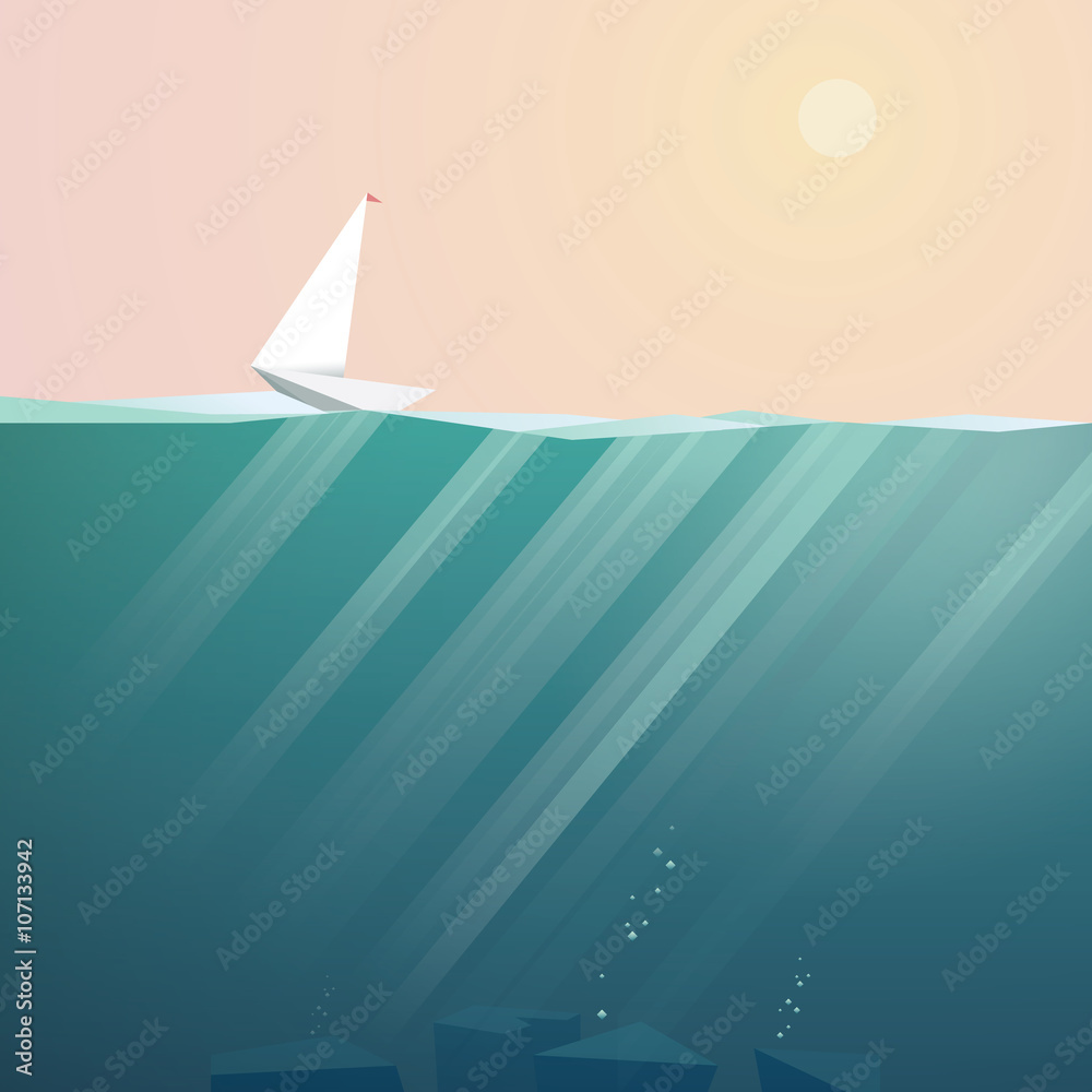 Obraz premium Yacht on ocean surface sailing in summer sunset. Low poly vector background for vacation promotion.