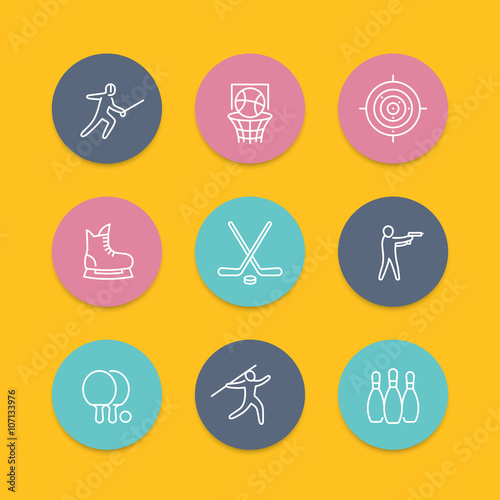 sports, games, team sport line icons, hockey, ping pong, basketball, fencing round flat icons, sports pictograms, vector illustration