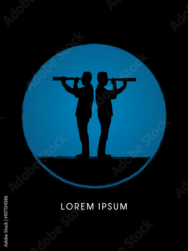 Silhouette businessman, looking telescope for planning marketing strategy , designed using grunge brush in circle shape graphic vector.
