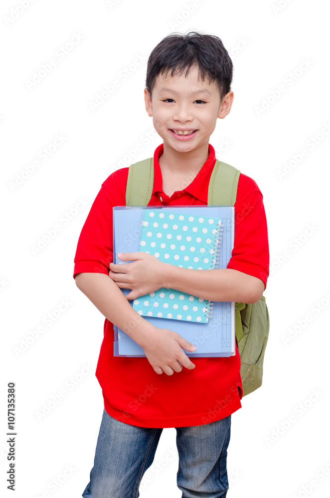 Young Asian schoolboy with backpack over white Young Asian schoolboy with backpack over white