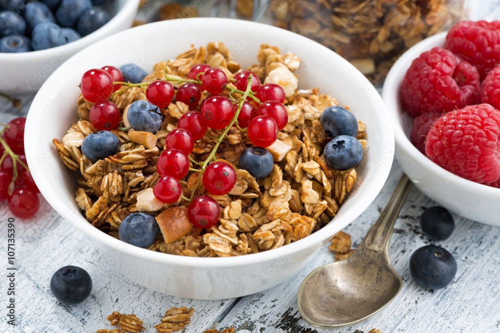 homemade muesli and fresh berries on white wooden background homemade muesli and fresh berries on white wooden background