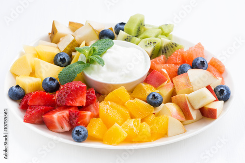 ingredients for fruit salad and natural yoghurt  closeup