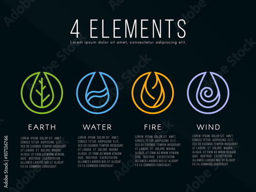 Nature 4 elements logo sign. Water, Fire, Earth, Air. on dark background.