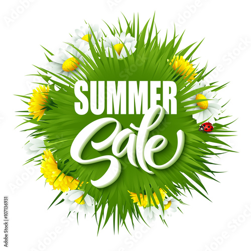 Summer sale  lettering background with summer green grass and flowers. Vector illustration