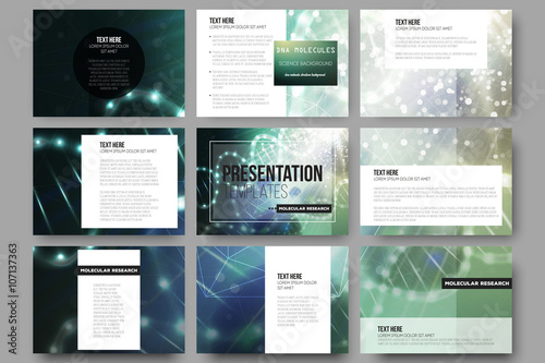 Set of 9 vector templates for presentation slides. DNA molecule structure on a green background. 