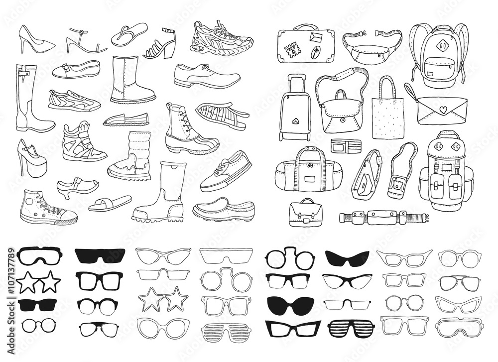 Hand drawn fashion collection. Shoes. Bags. Glasses. Vector. Isolated. Hand drawn fashion collection. Shoes. Bags. Glasses. Vector. Isolated.