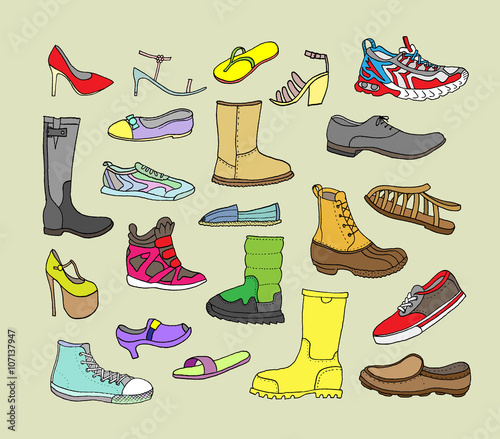 Fashion collection. Different Hand Drawn Shoes. Vector. Isolated.