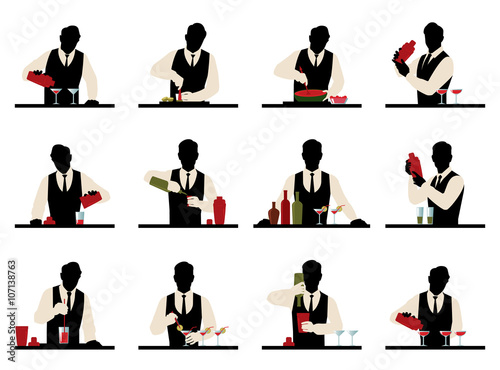 Set of silhouettes of a bartender prepares cocktails vector stoc photo