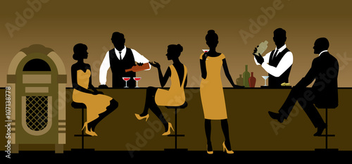 Silhouettes of a group of people drinking in a bar