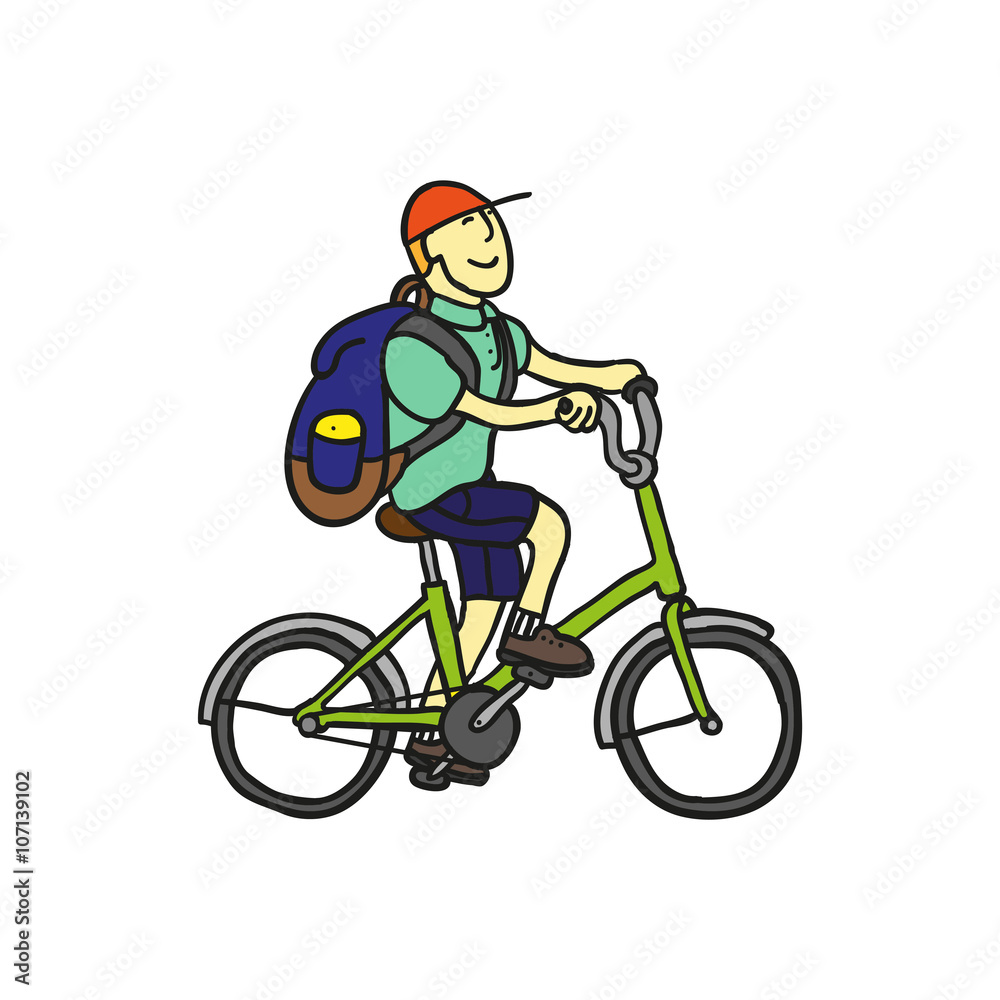Fototapeta premium Schoolboy on the bicycle. Doodle. Vector. Isolated.